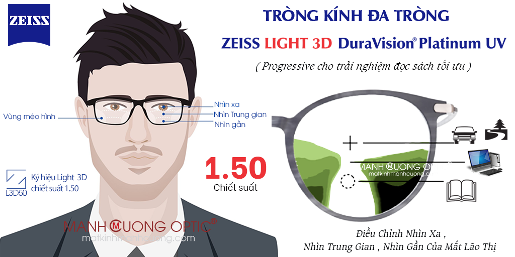 TRÒNG KÍNH ĐA TRÒNG 1.50 ZEISS LIGHT 3D PLATINUM UV